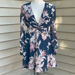 Lulu’s Lively Teal Blue Floral Print Long Sleeve Knot Front Dress